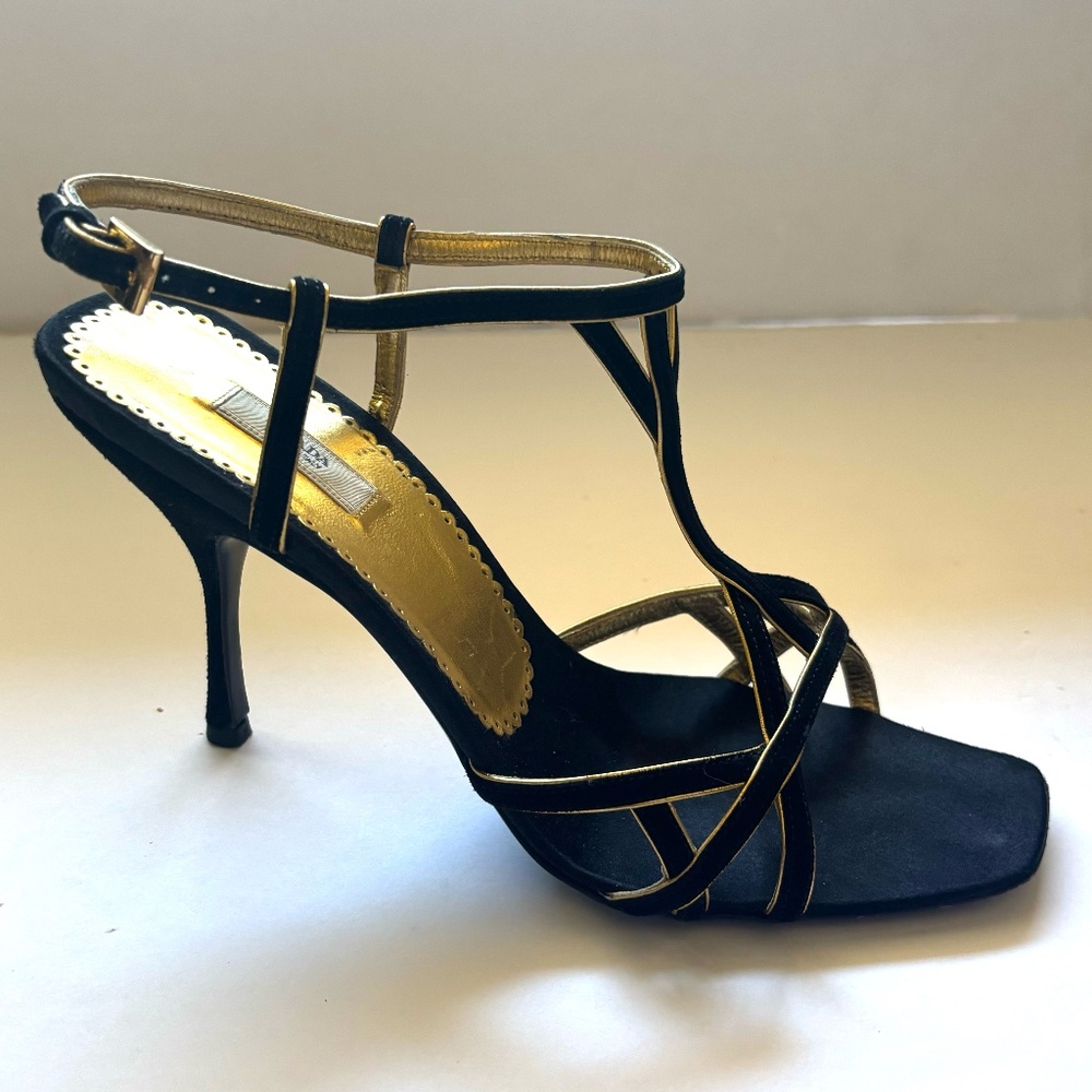 Prada Sling Back Holiday Heels Black Suede with Gold Leather accent Size 38 - Picture 3 of 8